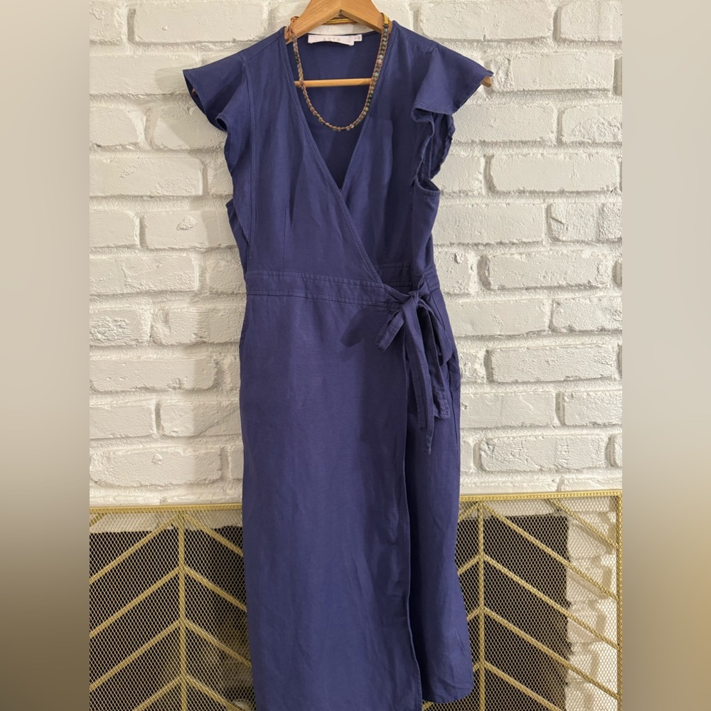 ASTR  SZ S Blue Flutter Sleeve Wrap Dress Sz S Linen Blend Midi Cap Slee…